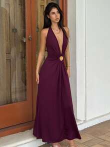 AmyJordy Đầm maxi nữ màu đỏ tía trơn, chất liệu dệt kim, hở lưng, kiểu dáng xòe rộng với chi tiết kim loại, một chiếc đầm thanh lịch phù hợp cho các lễ hội, đám cưới, sinh nhật, lễ tốt nghiệp, đầm ôm sát, đầm mùa thu cho nữ, trang phục Giáng sinh, trang phục Halloween cho nữ, trang phục hẹn hò cho nữ, đầm dự đám cưới, đầm dự đám cưới thanh lịch, cho mùa thu và mùa đông, kiểu đuôi cá, trang phục Bohemian, trang phục Ibiza, trang phục dự tiệc kiểu phương Tây. - Màu Đỏ Sâu - Xem 3