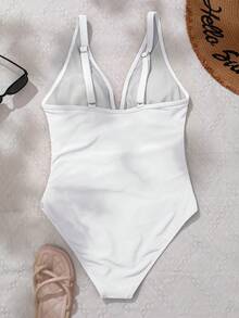 SHEIN Swim Traje De Baño De Una Pieza Con Escote En V Profundo Y Malla Incrustada - Blanco - Ver 2