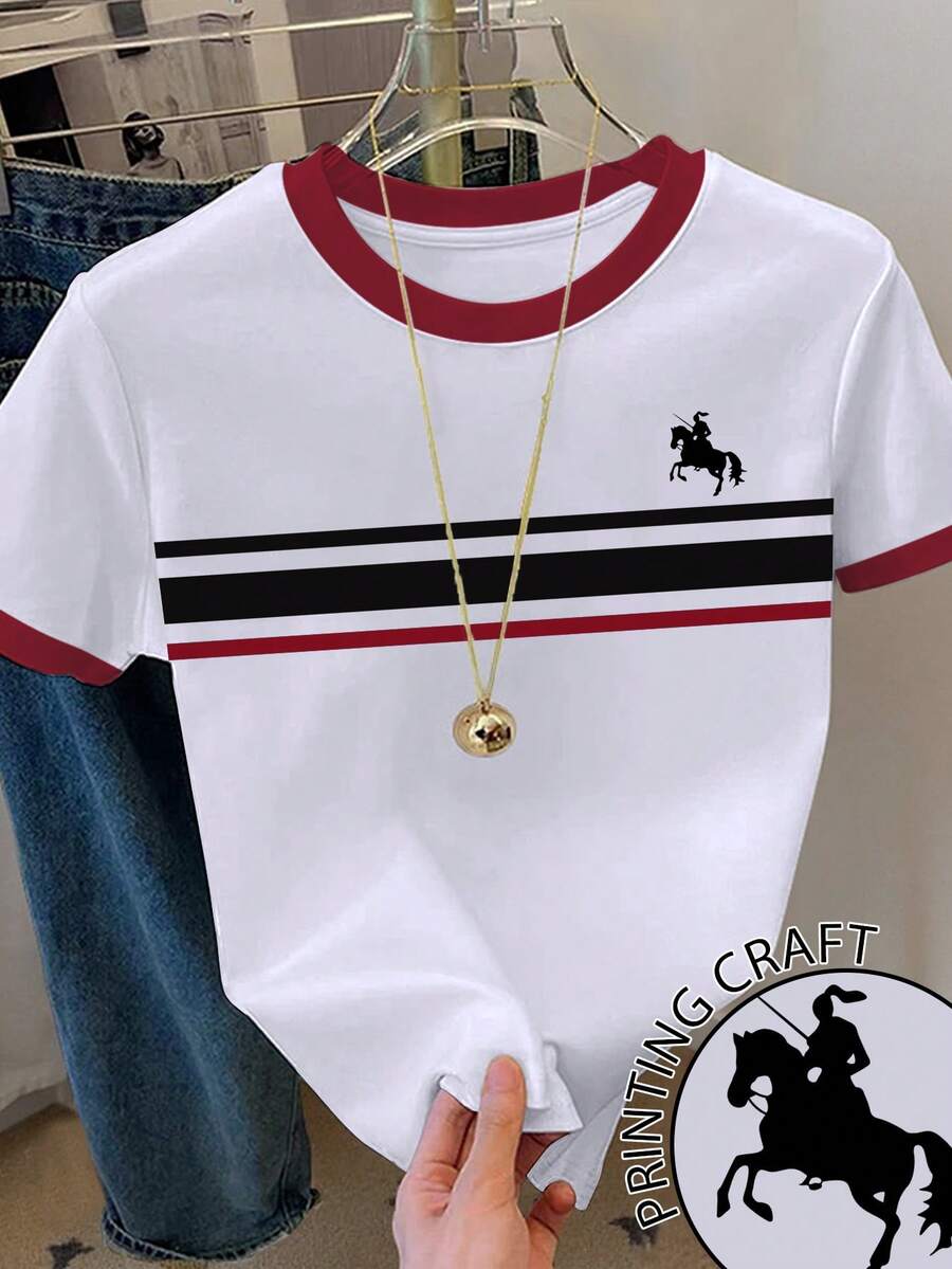 Resyla Women's Casual Striped Short Sleeve Round Neck T-Shirt, Colorblock, Summer Daily Wear - White - View 1