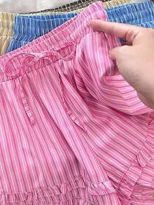 GlowEve Striped Print Ruffle Trim Drawstring Waist Shorts - Hot Pink - View 4