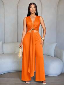SOLERSUN Women's Elegant Burgundy Sleeveless Deep V-Neck Cutout Waist Metal Decorated Draped Sash Wide Leg Jumpsuit,Elegant Formal Romper For Evening/Party/Date - Orange - View 7