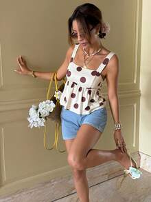 Women's Fashion Polka Dot Print Ruffle Hem Camisole - Light Yellow - View 6