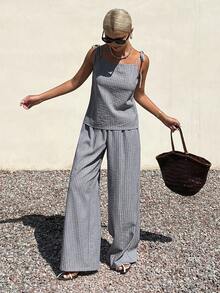 Livesso 女士条纹吊带背心和裤子休闲两件套 - 卡其色 - 查看 3