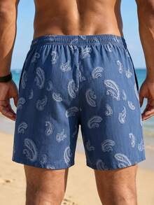 VIVINTIMO 男士抽绳腰带口袋全印花休闲百搭日常短裤 - 寶藍色 - 查看 2