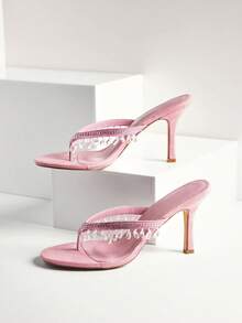 SHEIN SHUZIA Giày sandal cao gót mũi vuông đính pha lê tua rua thời trang dành cho nữ, thích hợp dự tiệc và dạ hội, màu hồng. - Hồng - Xem 7