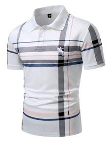 Manfinity Homme 男士紅白格紋夏季休閒高爾夫 Polo 衫，短袖珠地布鈕扣上衣，刺繡裝飾時尚復古老錢風 - 白色 - 查看 4