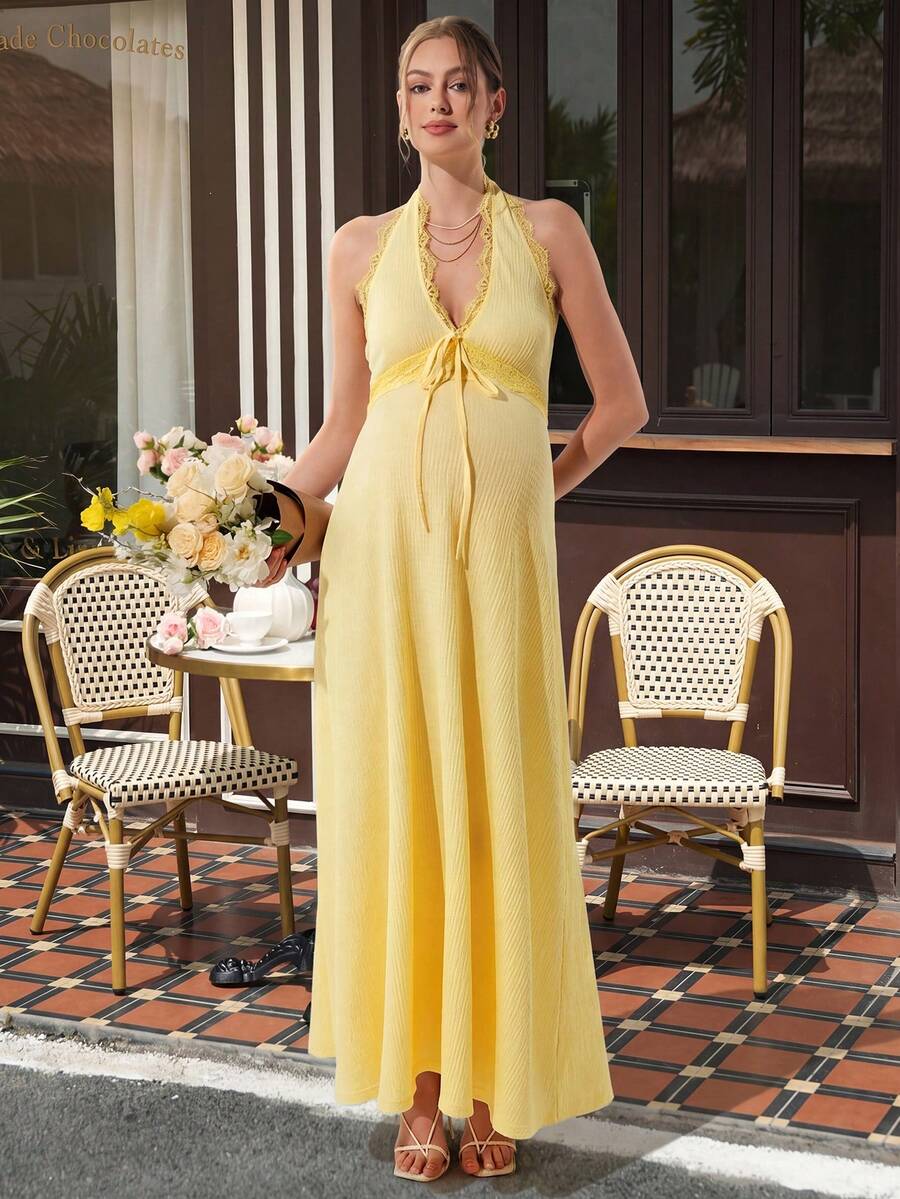 Momance Đầm bầu dệt kim cổ chữ V thắt nơ phía trước, chân váy xòe xếp ly ở eo, chất liệu dệt kim mềm mại, thoáng mát, thích hợp cho các buổi hẹn hò và kỳ nghỉ. - Màu vàng - Xem 1