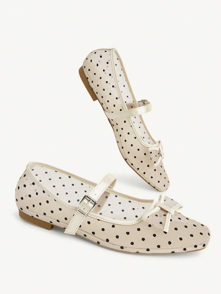 CUCCOO CHICEST Women Shoes French Retro Mesh Polka Dot Flats Women's One-Button Bow Shoes