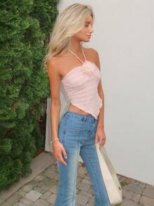 Sydney Algeri 立体3D花卉纹理露背吊带背心，不对称下摆，夏季情人节款 - 淺粉色 - 查看 4