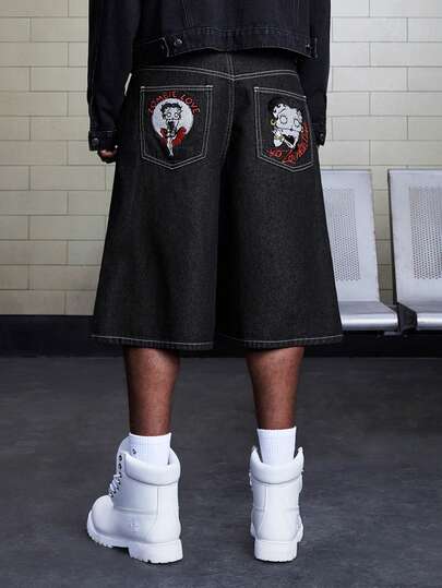 ROMWE MEN Betty Boop | ROMWE Pantalones cortos vaqueros con hebilla de avión de moda para hombres