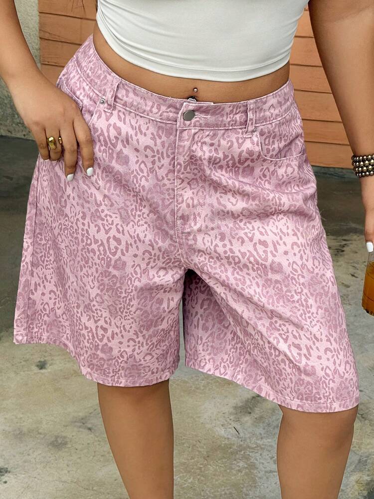 Dazy Plus Plus Size Women Leopard Print Pink Bermuda Shorts, Street Style Denim Shorts, Spring/Summer