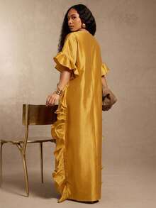Vixey Boat Neck Off Shoulder Ruffle Detail Maxi Flowy Taffeta Dress - Yellow - View 5