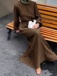 Solavon Women's Casual Solid Color Textured Long Sleeve Top And Skirt 2 Pieces Set,Unlined Sleeves, Autumn Modest Two Piece Linen Sets - Brown - View 6