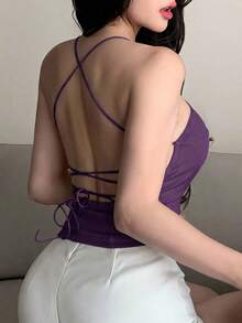 DAZY Minimalist Spaghetti Strap Backless Design Self-Padded Camisole Top - Purple - View 5