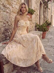 Anewsta Women's Elegant Vacation Asymmetrical Ruffle Hem Spaghetti Strap Dress - Apricot - View 3