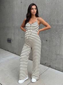 SHEIN Bộ áo liền quần bầu thiết kế cài nút, thắt eo, kiểu dáng thường ngày, có chức năng cho con bú. - Màu be - Xem 2