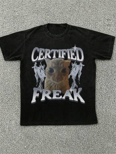 Glimmora 认证怪胎搞笑猫咪表情包图案短袖宽松复古风格女士 T 恤，幽默宠物礼物，适合春夏季日常穿着