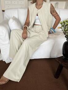 Women's Sleeveless Loose Fit Top And Casual Pants 2 Pieces Set - Khaki - View 5