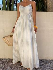 Livesso Đầm midi không tay kẻ sọc màu trắng, 100% cotton, thích hợp cho mùa xuân và mùa hè. - Màu be - Xem 3