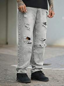 Devon Thys 男士破洞直筒牛仔裤 - 灰色 - 查看 7