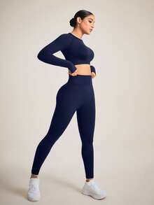 Seamluxe SHEIN Sport Women Solid Color Open Back Seamless Sports Set Gym Set Workout Women Set Women Leggings Setgym Set - Navy Blue - View 6