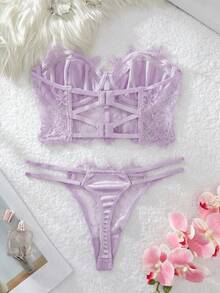Myrelith Bộ 2 áo ngực ren có gọng màu trơn gợi cảm - Màu tím hoa cà - Xem 3