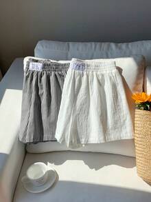 Comfortcana 2件套女士夏季休闲宽松短裤，亚麻蝴蝶结条纹短裤和黑色抽绳裹身短裤套装，适合海滩度假，超短款短裤 - 黑色 - 查看 4