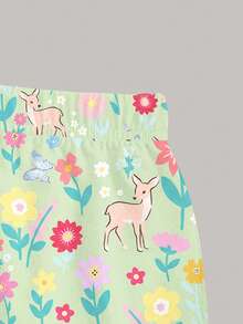 一套女童甜美薄荷绿短袖套装，包括梦幻公主印花T恤和可爱蝴蝶、小鹿、花朵图案短裤，夏季套装 - 彩色 - 查看 5