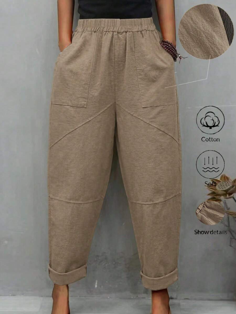 Solid Color Casual Pants With Waistband Pockets - Khaki - View 1