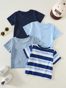SHEIN Set de 4 camisetas de manga corta a rayas casuales y lindas para bebés niños y niñas, ropa de verano para bebé, tops cortos - Azul - Ver 2