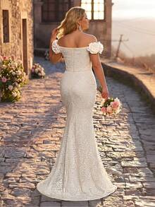 Glamrae Plus Size Elegant Off-Shoulder 3D Floral Luxury Sequins Embellished Fitted Mermaid Hem Dress, Suitable For Evening Party Boda, Date, Prom, Wedding, Bridal Gown (Heavily Embellished) Wedding White Summer - White - View 6