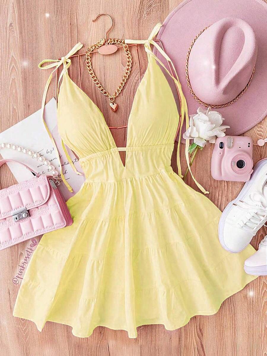 GlowEve Vestido de moda para mujer con volantes en el bajo y cintura con lazo, adecuado para citas - Amarillo - Ver 1