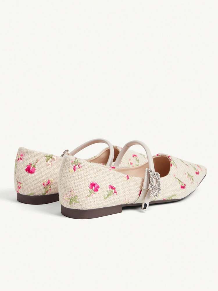 CUCCOO CHICEST Pointed Toe Low Vamp Mary Embroidery Word Belt Flat Bottom Comfortable Versatile Fashion Soft Sole Elegant Fairy Flat Shoes Apricot Women's Shoes