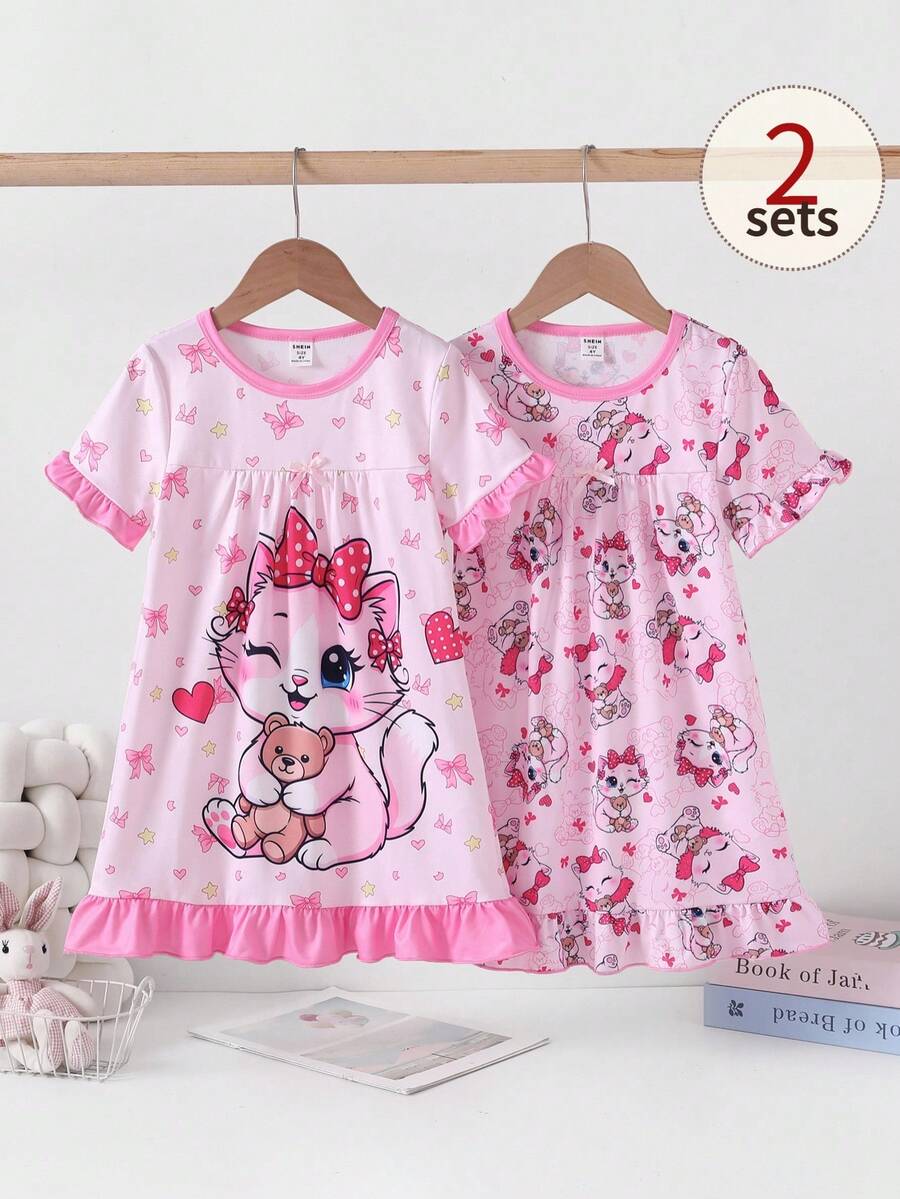 2-Piece Girls Toddler Round Neck Short Sleeve Nightgowns,Cute Rabbit And Bear Print Soft Knit Sleepwear,Fairy,Family Matching,Holiday,Pink Ruffle Hem - Baby Pink - View 1