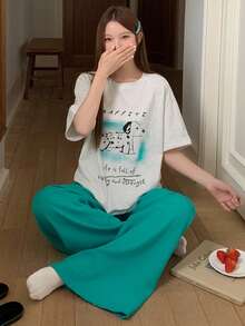 DAZY 女士印花宽松T恤和阔腿裤睡衣套装 - 淺灰色 - 查看 5