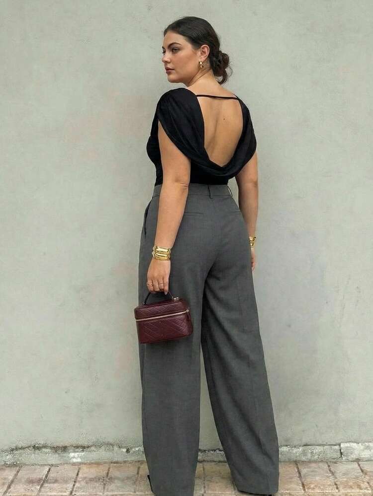 Women's Summer Grey Smart Casual Office Suit Pants,Fashionable Luxurious Loose Fit Dark Plus Size Elegant Niche Design Ladies Trousers For Commuting