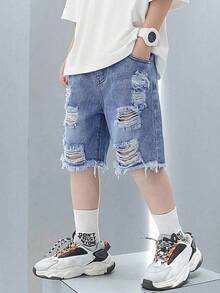 Bubblio Quần short denim rách rộng màu xanh dương dành cho bé trai - Rửa trung bình - Xem 4