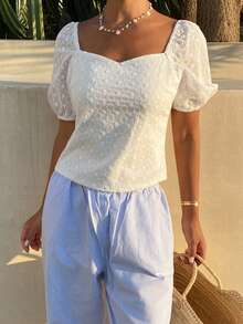 Livesso Blusa de algodón blanco con cuello cuadrado, mangas con volantes y lazo delantero para mujeres, primavera y verano - Blanco - Ver 3