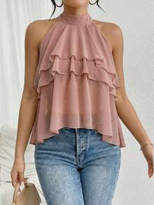 Firerie Loose Neck Ruffle Asymmetrical Chiffon Blouse,Summer Top - Dusty Pink - View 6