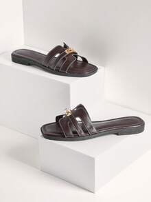 SHUZIA Women Minimalist Comfortable Metal Decor Slip-On Flat Sandals - Chocolate Brown - View 4