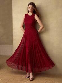 MOTF PREMIUM WOMEN'S SOLID COLOR CONTRAST LACE FLARED DRESS - Red - View 5