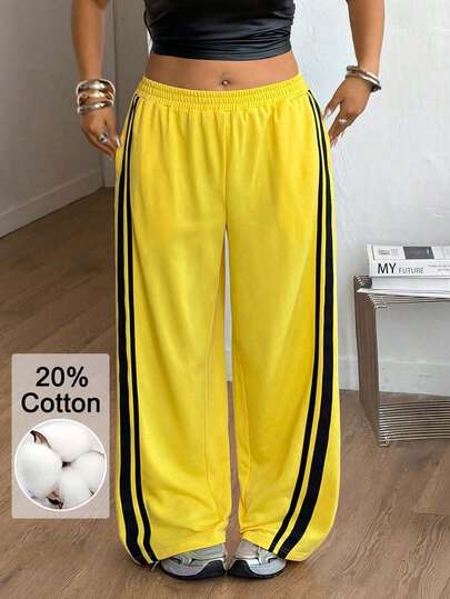 Coolane Pantalones deportivos de talla grande para mujer con rayas amarillas, de cintura alta, con cordón y pierna ancha suelta, para primavera/verano