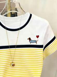 Resyla 女士腊肠犬条纹印花短袖休闲圆领T恤 - 彩色 - 查看 5