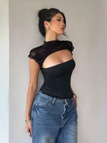 SHEIN PETITE CURVE Plus Size Women's Summer Black Classy Sexy Night Out Date Night Club Camisole,Lace Hollow Out Tight Top,Gothic Fitted Solid Elegant Y2K Festival Top - Black - View 7