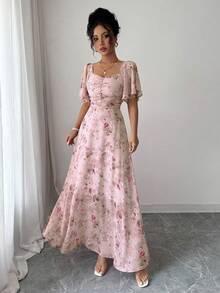 Modelyn Women's Chiffon Butterfly Print Batwing Sleeve Pleated Sweet French Style Summer Dress - Dusty Pink - View 4