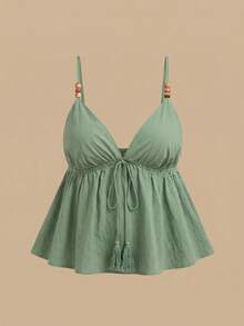 Travachic Plus Size Solid Color Spaghetti Strap Tie-Up Casual Summer Tank Top - Mint Green - View 5