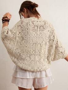 Freevana Cárdigan bohemio vintage de ganchillo hueco, de cuello en V marrón de 3/4 de manga, prenda exterior casual y suelta para primavera, elegante pieza de capa para primavera - Albaricoque - Ver 2