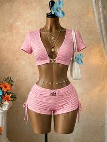 SaltGleam SaltGleam Quần short ôm sát gợi cảm thời trang dành cho nữ, có khóa kim loại trang trí, dây rút ở eo và đường nhún ở hai bên, phù hợp cho kỳ nghỉ và mặc hàng ngày. - Hồng - Xem 5