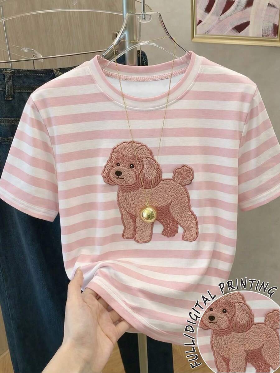 Resyla Dog Pattern Striped Print Regular T-Shirt For Women - White - View 1