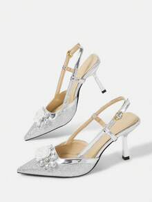 CUCCOO HITCHD Women's Spring/Summer New Arrival 3D White Rose Flower Rhinestone Pointed Toe Electroplated Silver Metal Stiletto High Heel Shoes, Elegant Luxurious Palace Style, Sexy Glitter Metallic Leather Formal Dress Bridal Wedding Party Sandals - Silver - View 6
